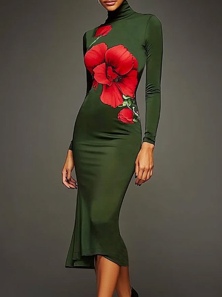 

Urban Floral Printing Turtleneck Bodycon Dress, As picture, Maxi Dresses