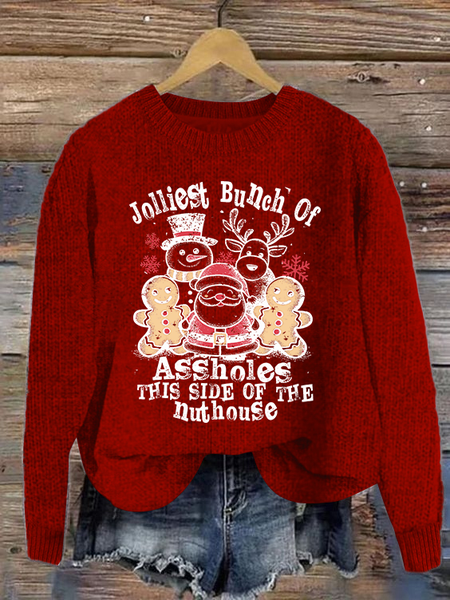 

Jolliest Bunch Of Assholes This Side Of The Nuthouse Loose Knitted Casual Sweater, Red, Sweaters
