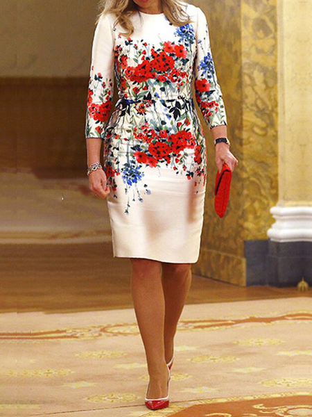 Elegant Crew Neck hree Quarter Sleeve Knee Length Dress, As picture, Midi Dresses
