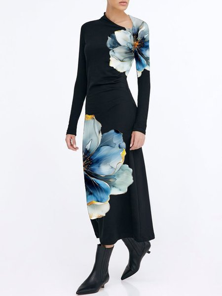 

Floral Elegant Slash Neck Maxi Dress, Black, Maxi Dresses