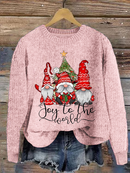 

Joy To The World Gnome Christmas Crew Neck Knitted Sweater, Pink, Sweaters