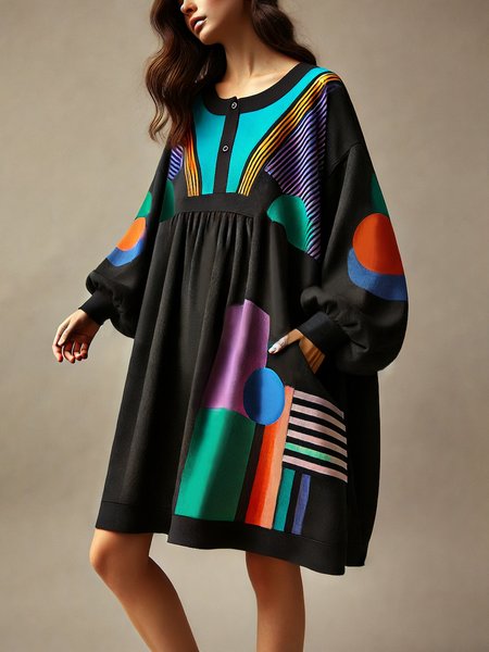 

Abstract Graphic Casual Balloon Sleeve Crew Neck Shirt Mini Dress, Black, Mini Dresses