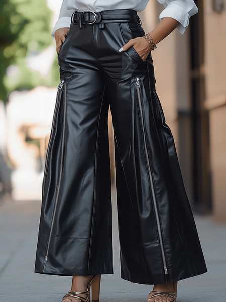 

Loose PU Urban Plain Faux Leather Pants Wide leg pants, Black, Pants