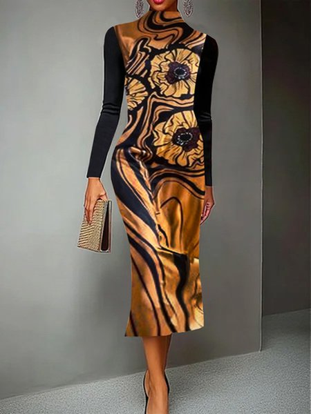 

Urban Turtleneck Floral Printing Dress, As picture, Maxi Dresses
