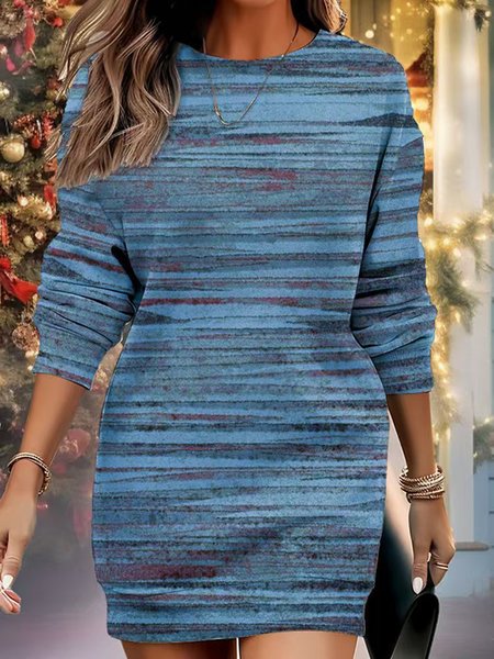 

Women's Long Sleeve Spring/Fall Abstract Stripes Dress V Neck Daily Going Out Casual Midi A-Line, Blue, Dresses