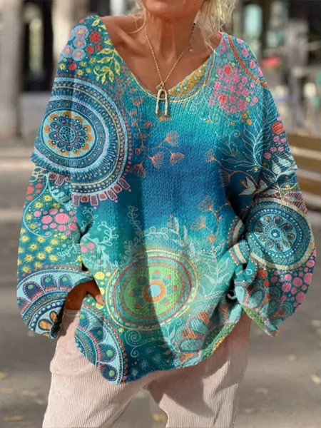 

Women's Winter Floral Casual Long Sleeve V Neck Sweater, Blue, Sweaters