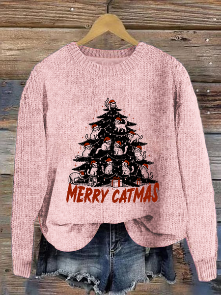 

Funny Christmas Cat Tree Casual Crew Neck Sweater, Pink, Sweaters