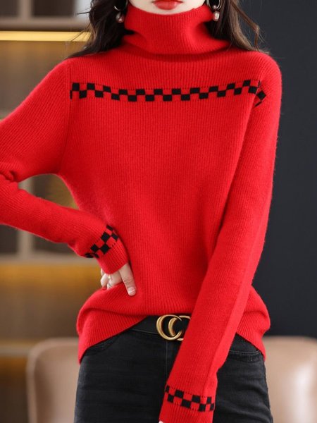 

Casual Geometric Loose Sweater, Red, Pullovers