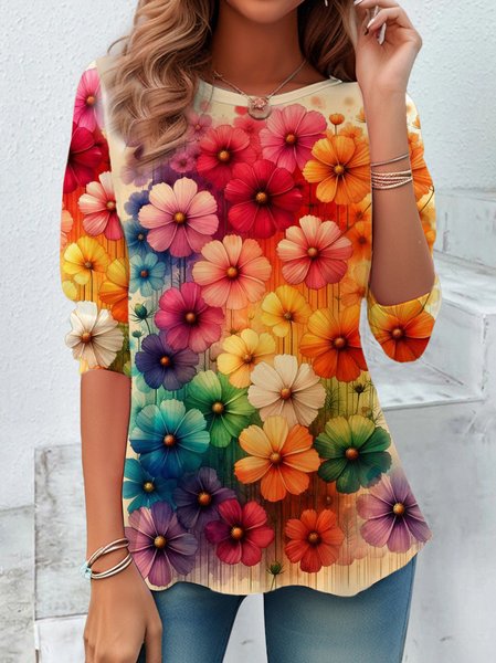

Floral Print Long Sleeve Crew Neck T-shirt, Multicolor, Long sleeves