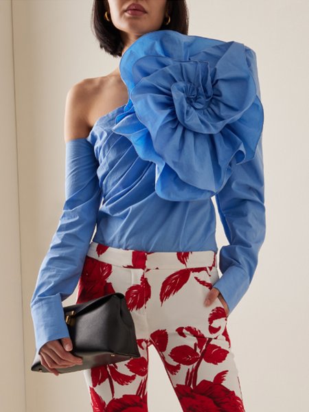 

Off Shoulder Sleeve Elegant Asymmetrical 3D Floral Blouse, Blue, Blouses and Shirts