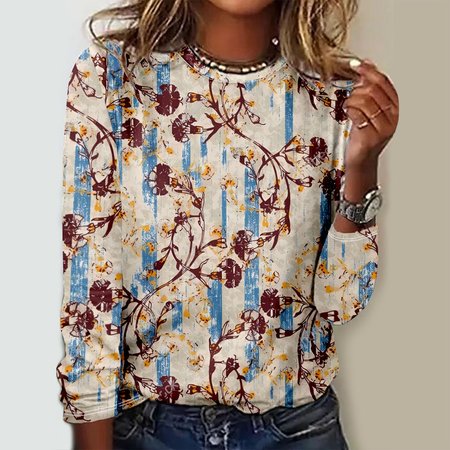 

Geometric Crew Neck Loose Casual T-Shirt, Blue, Long sleeves