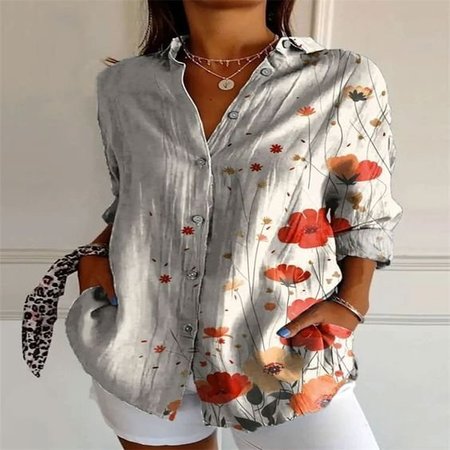 Shirt Collar Long Sleeve Geometric Regular Loose Shirt For Women, Red, Shirts