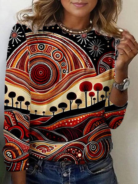 

Abstract Print Long Sleeve Crew Neck T-shirt, Multicolor, Long sleeves