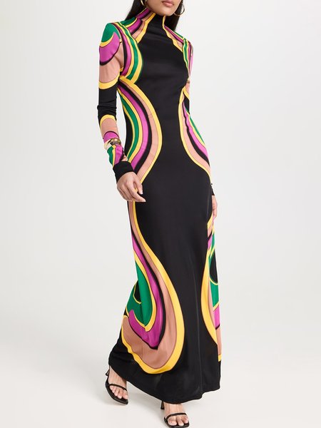 

Turtleneck Abstract Graphic Printing Elegant Maxi Dress, As picture, Maxi Dresses