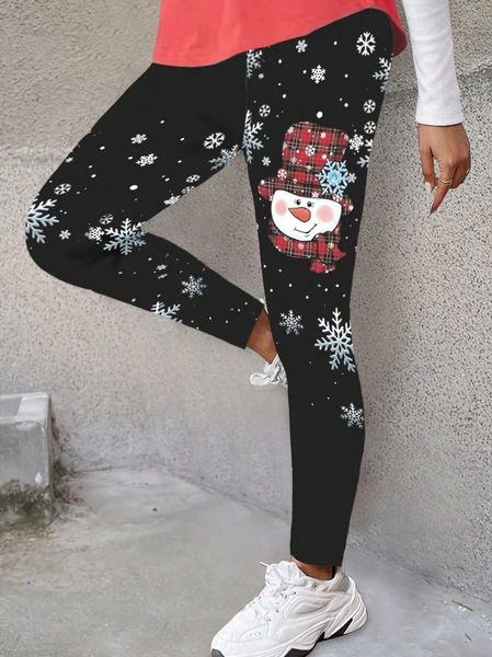 

Women's Casual Christmas Snowman Jersey All Season Long Leggings, Black, Leggings