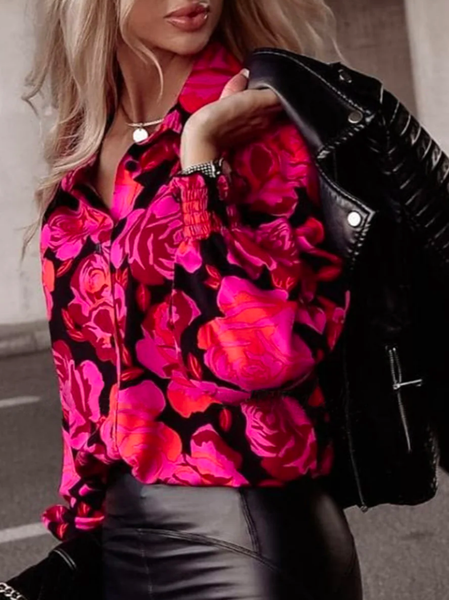 

Shirt Collar Printing Floral Urban Shirt, Pink, Blouses and Shirts