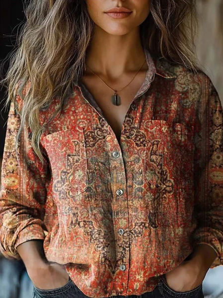

Shawl Collar Long Sleeve Ethnic Buttons Regular Micro-Elasticity Loose Shirt For Women, As picture, Shirts