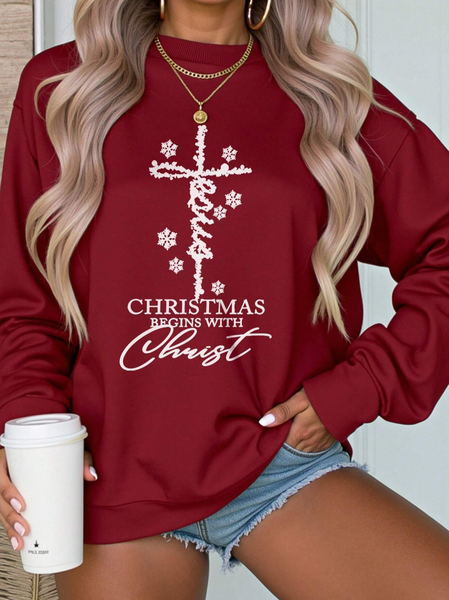 

Casual Christmas Crew Neck Text Letters Sweatshirt, Wine red, Hoodies & Sweatshirts