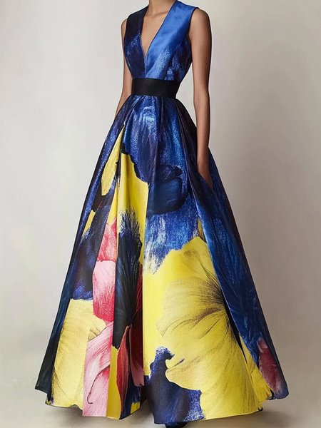 

Elegant Floral V Neck Party Maxi Dress, As picture, Maxi Dresses