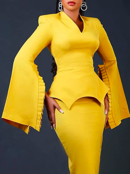 

V Neck Bell Sleeve Elegant Plain Blouse, Yellow, Blouses and Shirts