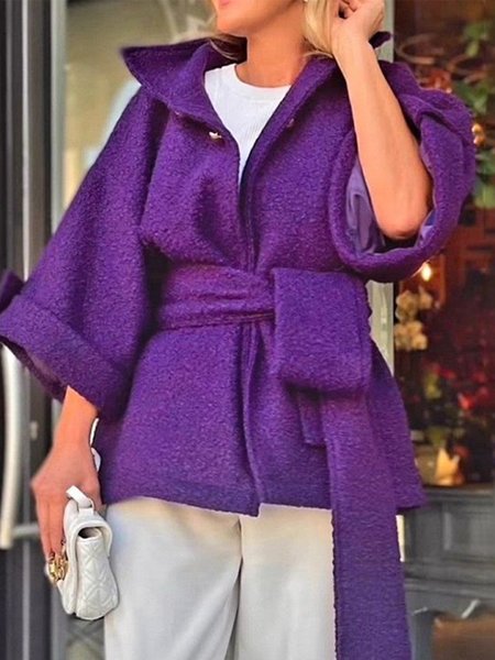 Urban Loose Plain Jacket With Belt, Purple, Jackets