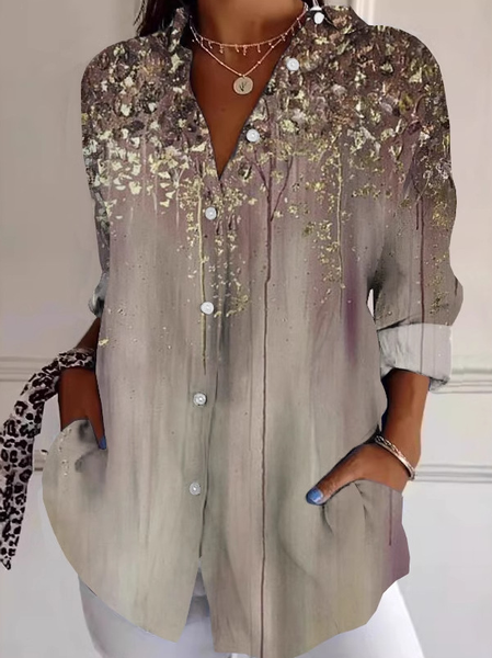 

Shirt Collar Long Sleeve Geometric Regular Loose Shirt For Women, Khaki, Shirts