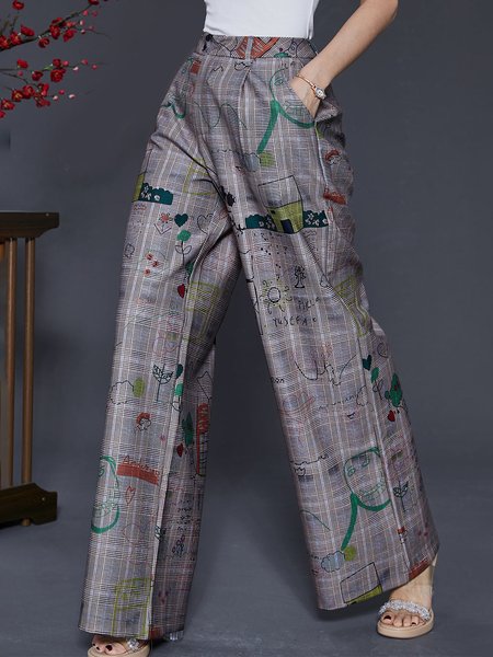 

Plaid Wide leg Urban Loose Pants, As picture, Pants