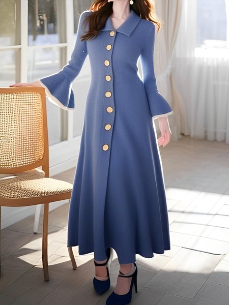 Ruffle Sleeve Shawl Collar Plain Urban Sweater Dress, Blue, Maxi Dresses
