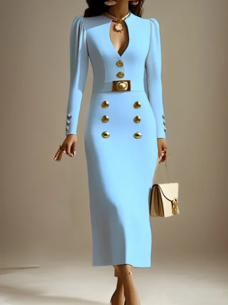 

Elegant Puff Sleeve Buttoned Midi Dress, Blue, Midi Dresses