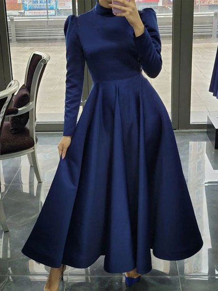 

Plain Stand Collar Puff Sleeve Elegant Maxi Dress, Deep blue, Maxi Dresses