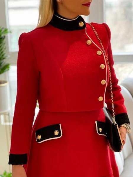 

Elegant Buttoned Color Block Jacket, Red, Jackets