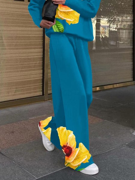

Floral Casual Loose Pants, Blue, Pants