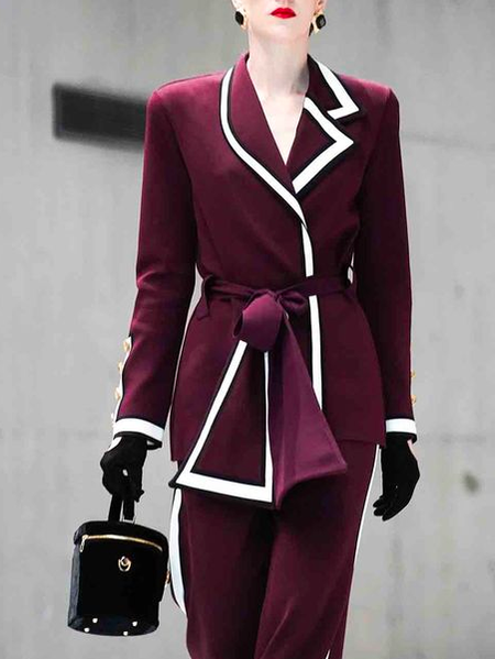 

Color Block Urban Lapel Collar Blazer With Belt, As picture, Blazers
