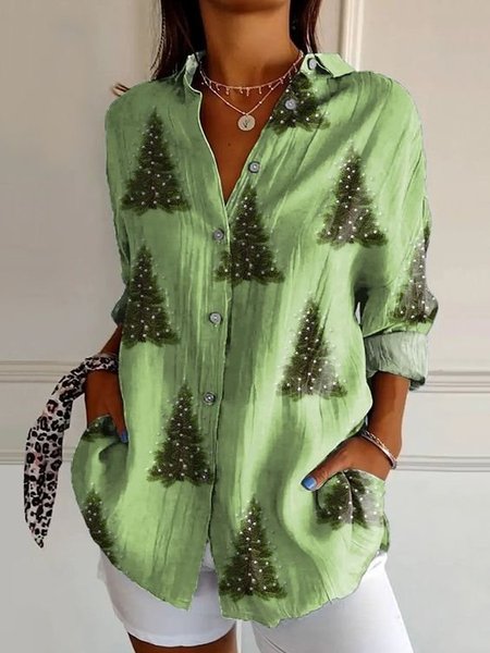 

Casual Shirt Collar Loose Shirt, Green, Blouses