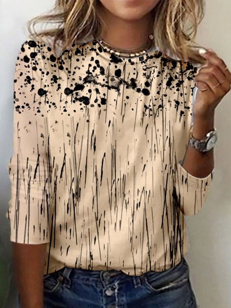 

Abstract Print Long Sleeve Crew Neck T-shirt, Apricot, Long sleeves