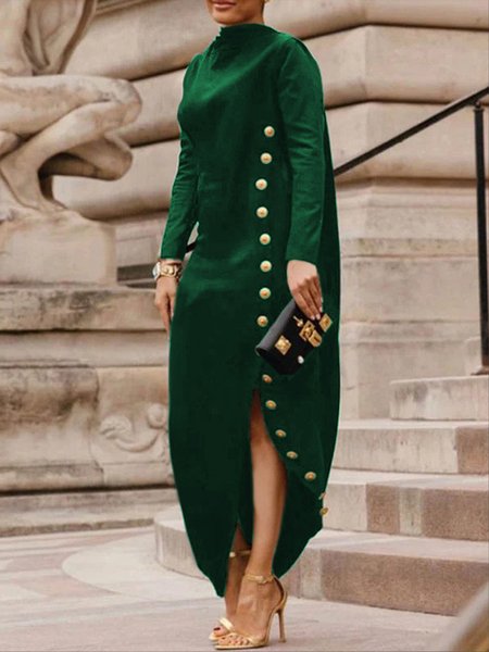 

Urban Buttoned Stand Collar Dress, Green, Maxi Dresses