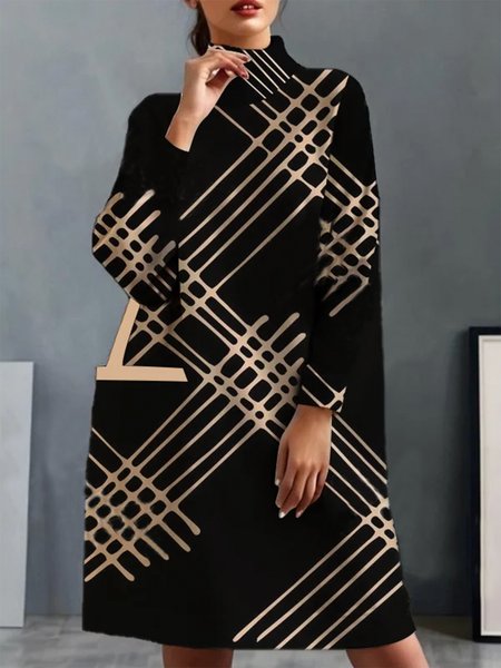 

Geometric Loosen Turtleneck Urban Dress, Black, Midi Dresses