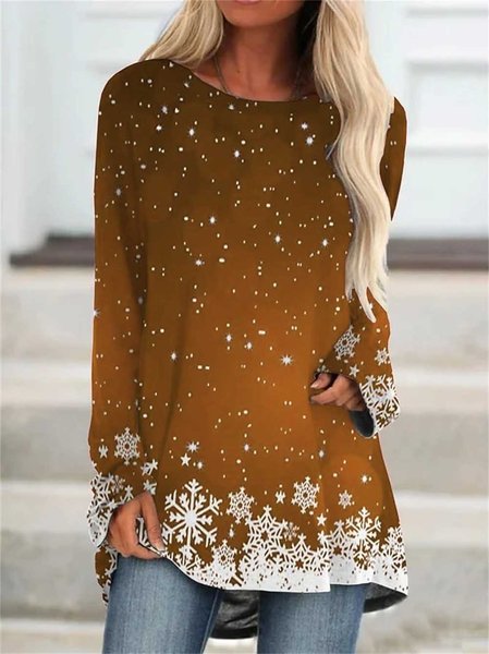 

Casual Christmas Crew Neck Long Sleeve T-shirt, Brown, Blouses