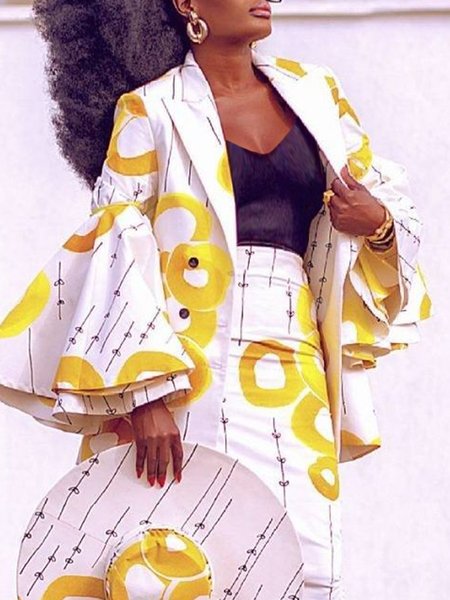 

Geometric Lapel Collar Ruffle Sleeve Elegant Blazer, Yellow, Blazers