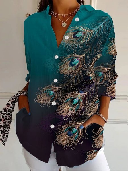 

Feather Casual Shirt Collar Loose Shirt, Green, Blouses