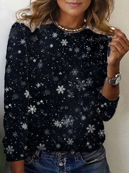 

Snowflake Print Long Sleeve Crew Neck T-shirt, Black, Long sleeves