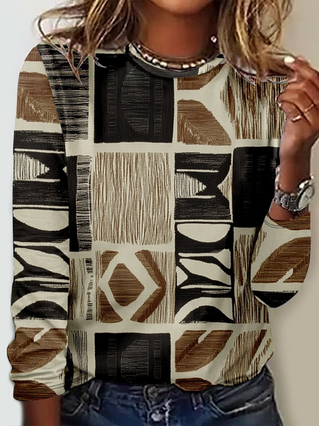 Casual Crew Neck Geometric Long Sleeve Shirt, As picture, Long sleeves