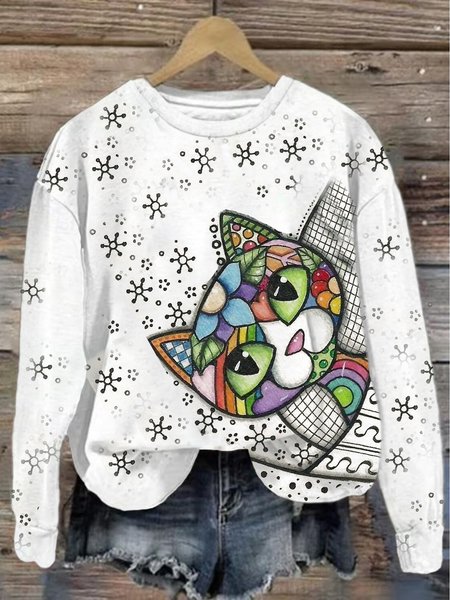 

Cat Casual Loose Crew Neck Sweatshirt, White, Hoodies&Sweatshirts
