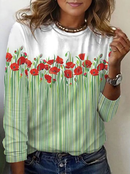 

Floral Print Long-Sleeved Crew Neck T-shirt, Green, Long sleeves