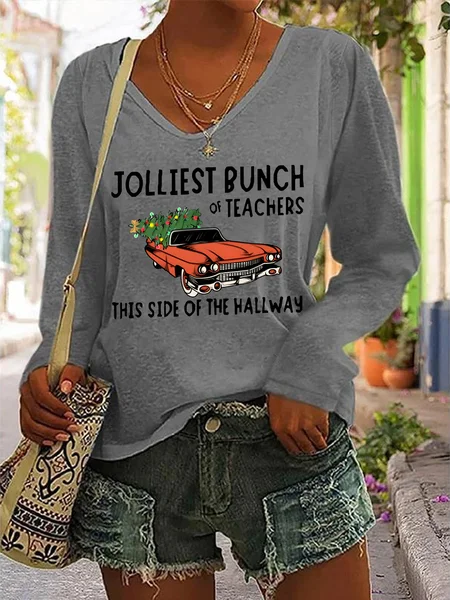

Jolliiest Bunch Of Teachers Casual V-Neck Long Sleeve Shirt, Gray, Long sleeves