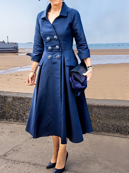 

Elegant Shirt Collar Plain Midi Dress, Blue, Midi Dresses