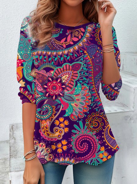 

Ethnic Graphic Print Long-Sleeved Crew Neck T-shirt, Purple, Long sleeves