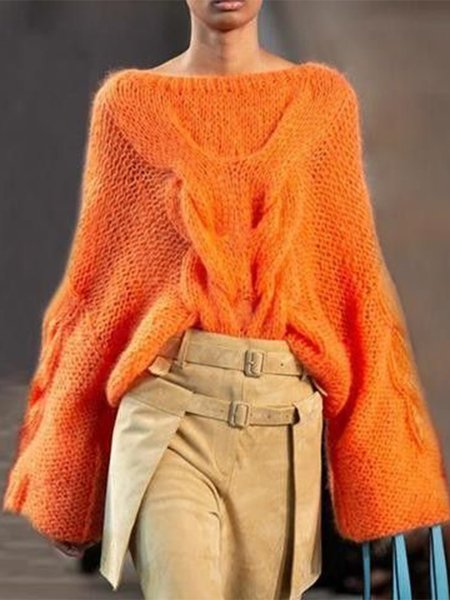 

Casual Balloon Sleeve Loose Plain Sweater, Orange, Pullovers