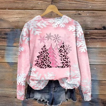 Casual Crew Neck Christmas Sweatshirt, Pink, Hoodies & Sweatshirts