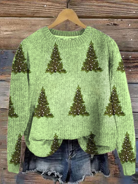 

Christmas tree Casual Crew Neck Sweater, Green, Sweaters